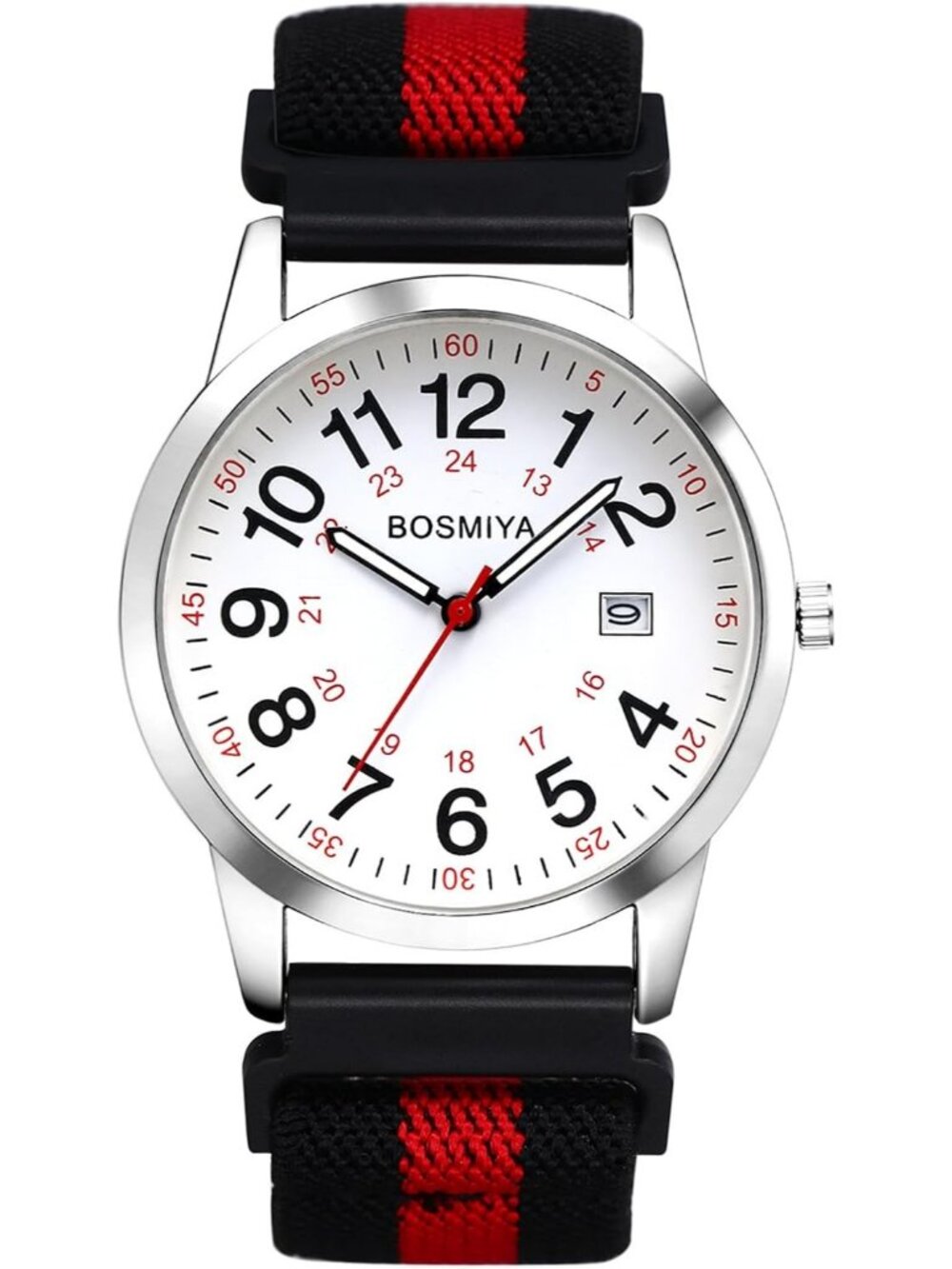 Women's White Red Quartz Analog Nylon Strap Elastic Band Date Wrist Watches